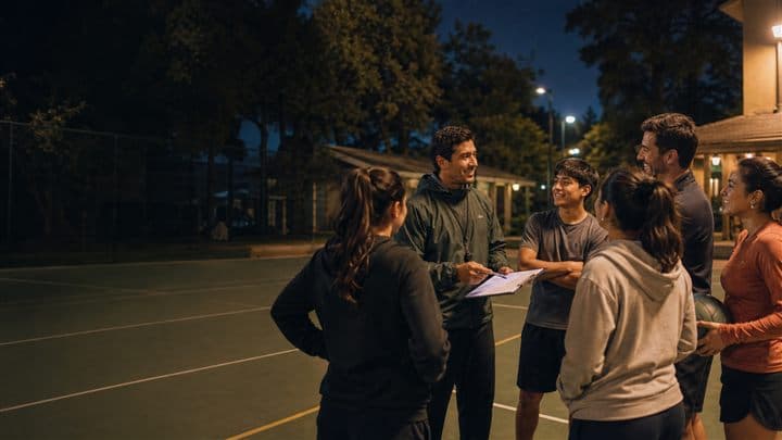 Entrenador y deportistas compartiendo una práctica al atardecer